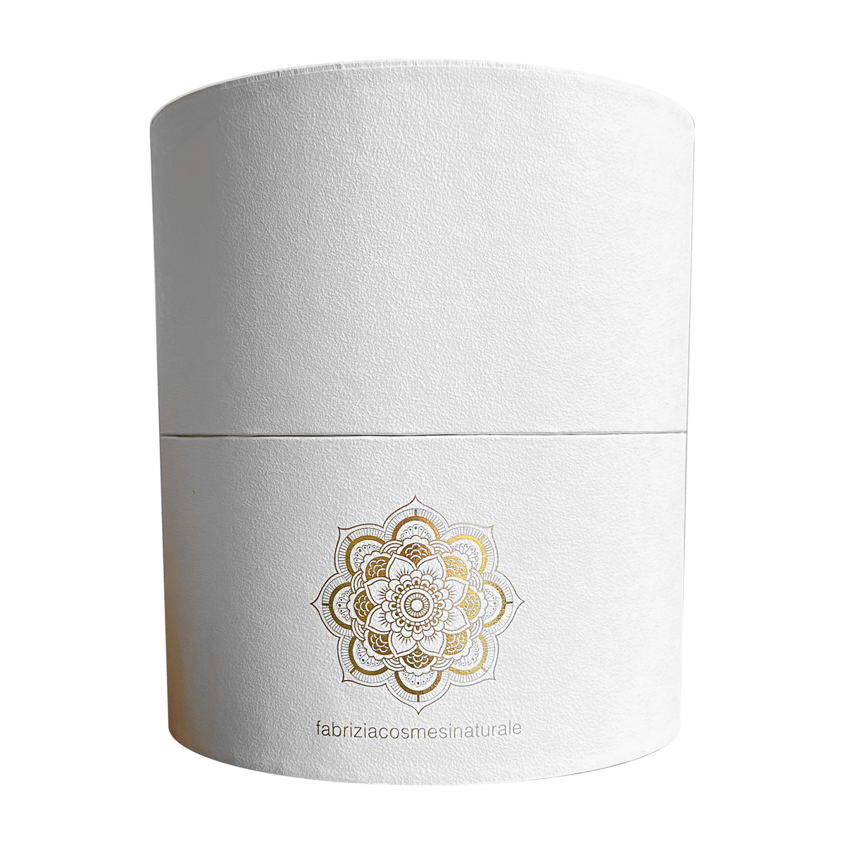 Box regalo Fabrizia Cosmesi Naturale, scatola tonda in cartone rigido bianco con mandala impresso in lamina oro